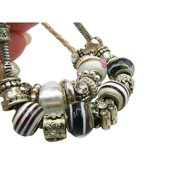 Set 2 Charm Bracelets Glass Beads Rhinestones Silver Gold Tones Rope Crafts 7" - Picture 12 of 12